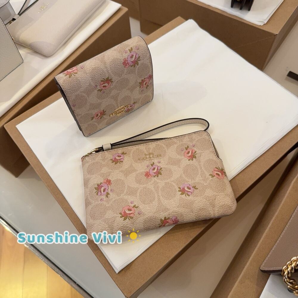 NWT Bundle Coach CAR14 Snap Wallet & CAR20 Wristlet Signature Canvas Floral box
